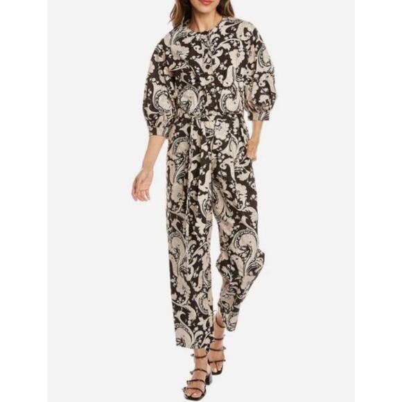 Rebecca Taylor NWOT Paisley Jumpsuit Belted Waist Puff Sleeves Espresso Size XS - Picture 1 of 12